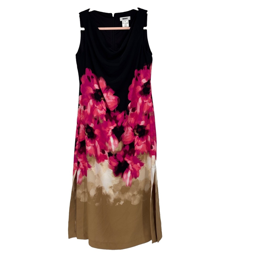 DKNY Dress 2 Petite Black Pink Floral Drape Neckline Cocktail Side Slits